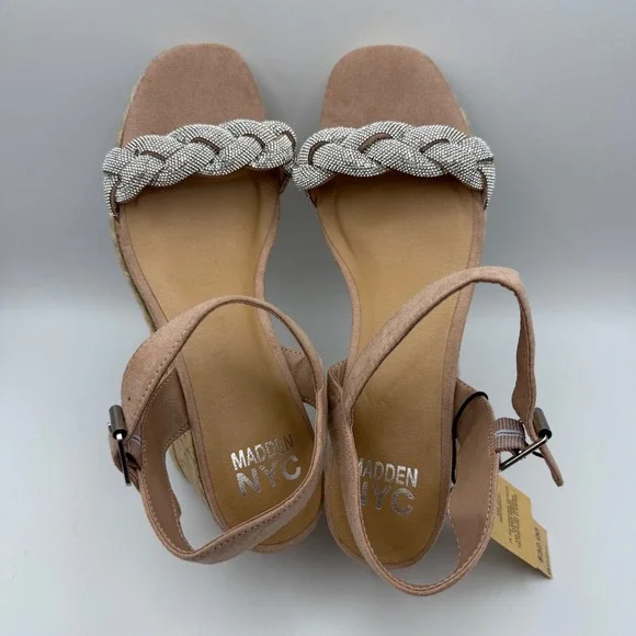 Madden NYC Wedge Sandals Braided Rhinestone Ankle Espadrille‎ Blush Size 9 NWT - Picture 4 of 8
